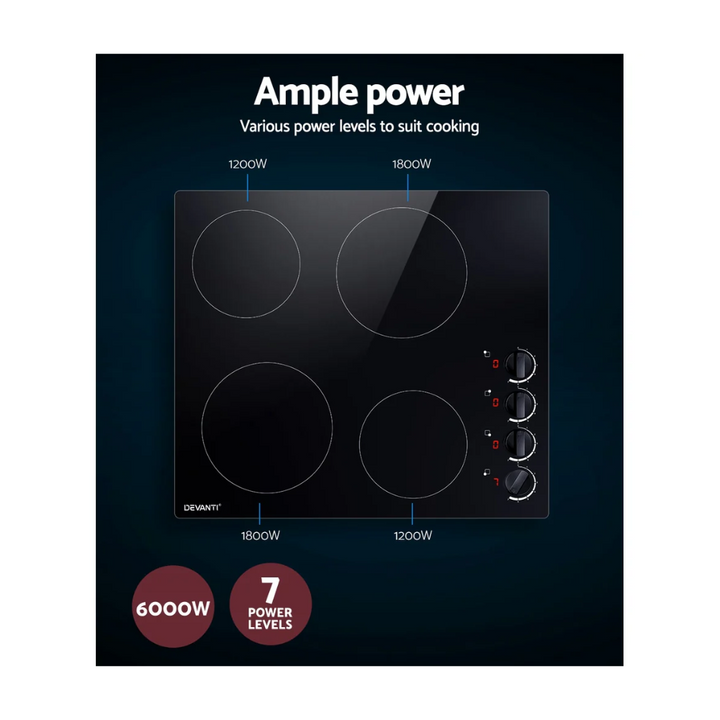 Devanti 60cm Black Ceramic Electric Cooktop - Free shipping - Brisbane Home Appliances